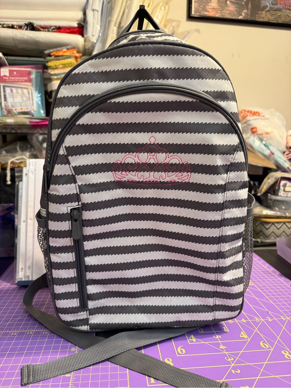 thirty-one Gray and White Striped Backpack with Pink Tiara Embroidery
